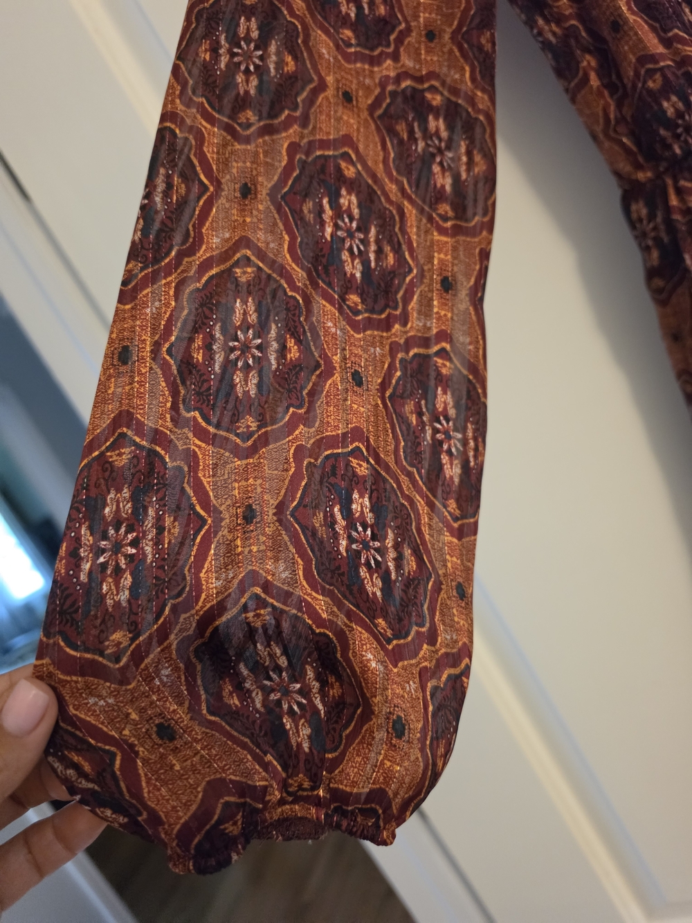 Women's Long Sleeve Printed Rust and Plum Dress - Picture 4 of 8